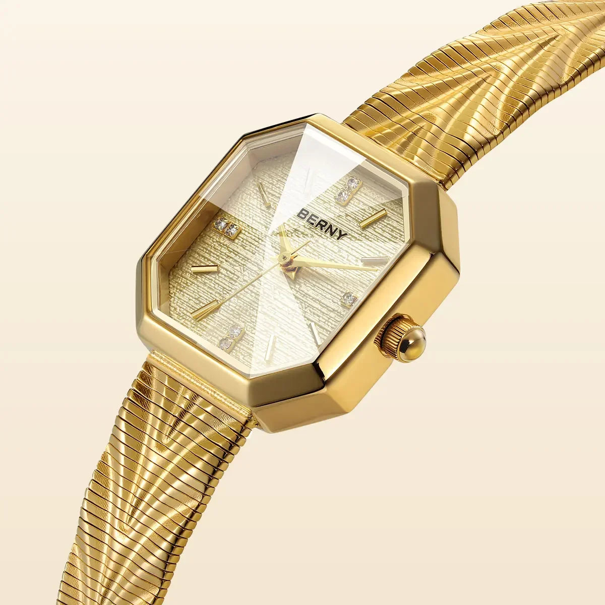 BERNY Gold Watch for Women Grit Dial Octagonal Ladies Quartz Wristwatch Stainless Steel Women Small Golden Watch Luxury Watches