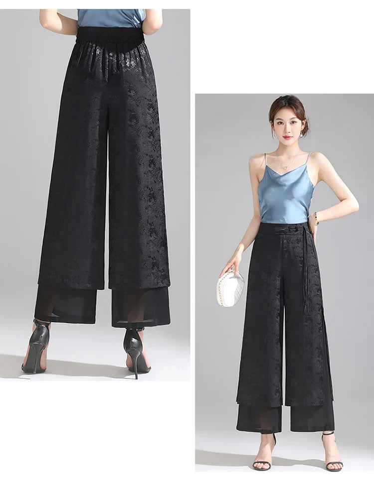 Chiffon Wide Wide Trousers Female Elegant Vintage New Pants Summer Thin Split Loose Skirt Pants Women Black Green