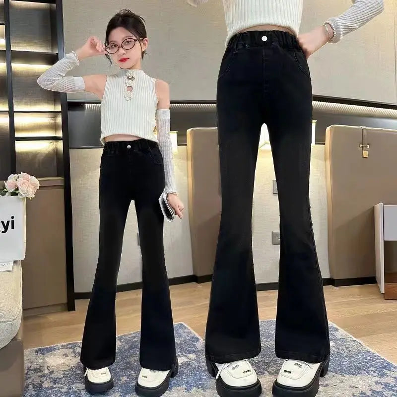 Kids Classic Vintage Blue Flared Jeans for Teens Girl Fashion Bootcut Denim Pants Tweens Child Casual Boot Cut Jeans Trousers