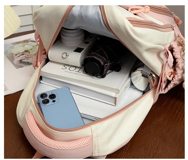 New cute rabbit children school backpack Fashionable splicing color contrast fresh lady knapsack kids schoolbags bring a doll