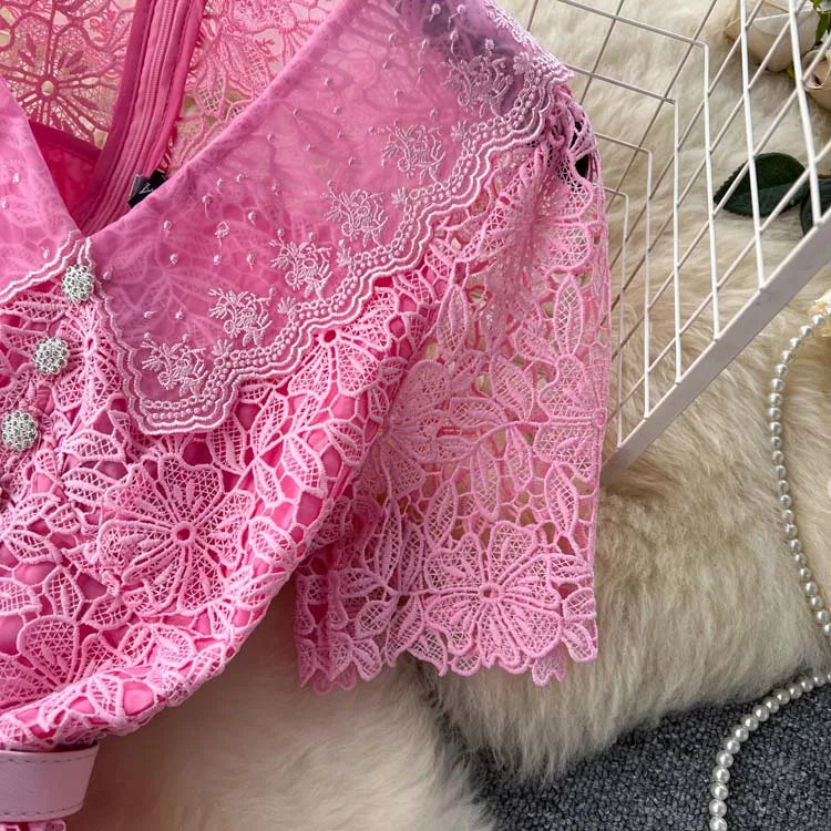 Luxury Pink Lace Midi dress with belt Women's 2025 Summer Elegant V-neck Rhinestone buttons Dresses Party clothing INKEO 4D094