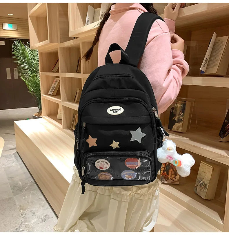 Casual Transparent Badge Large Capacity Commuter Backpack Suitable for Middle School Students Cute School Style Double Shoulder