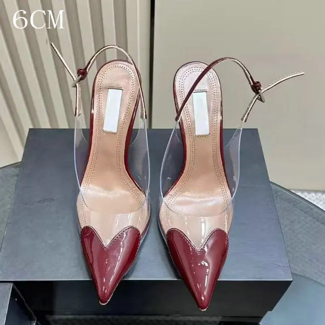 2025 New Pointy Peach Heart Fine Heel Shoes Sexy Pvc Transparent Film Black Patent Leather High Heel Overhead Sandals