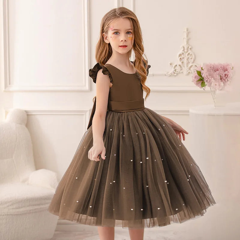 Baby Girl Party Dress Back Bow Elegant Flying Sleeve Mesh Tutu Dress with Pearl Solid Flower Girl Wedding Dress Birthday Gowns