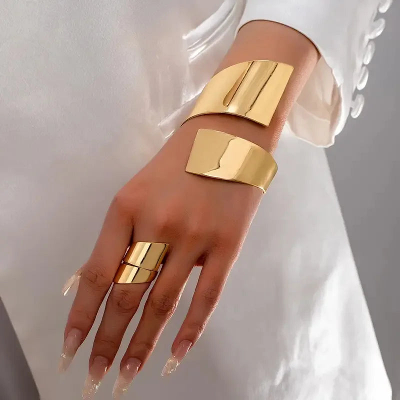 Exaggerated Creativity Irregular Geometric Wide Cuff Bracelet Ring Set for Women Simple Fashion Hand Jewelry Hot Sale Party Gift