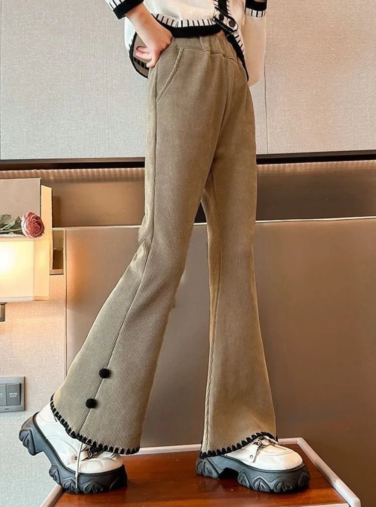 Girl's Autumn Winter New Mid-Weight Flared Jeans with Integrated Fleece-Lining, Stylish Casual Pants for Tween Girls