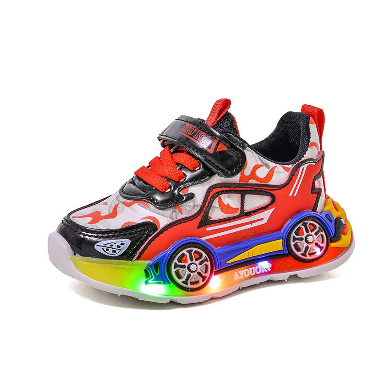 Spring Kids Shoes New Fashion Versatile Casual Shoe Anti Slip Cartoon Car Boy Shoe LED Lights Simple Trendy Sneakers Кроссовки