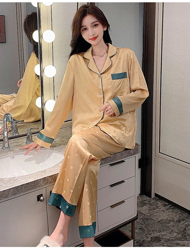 Top Autumn New Ice Silk Women Pajama Lapel Button Cardigan Outfits for Women 2 Piece Set Fashion Printing Set Clothes for Women