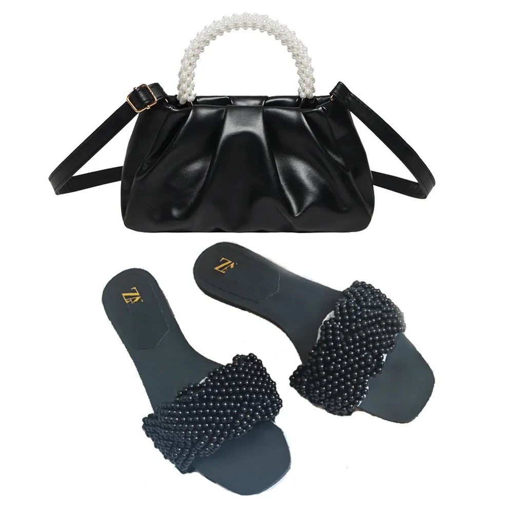 2025 Summer New Product Women's Shoes White Pearl Weaving Flat Sandals Outerwear Fashion Cool Slippers Pearl Bag Shoe Bag Set
