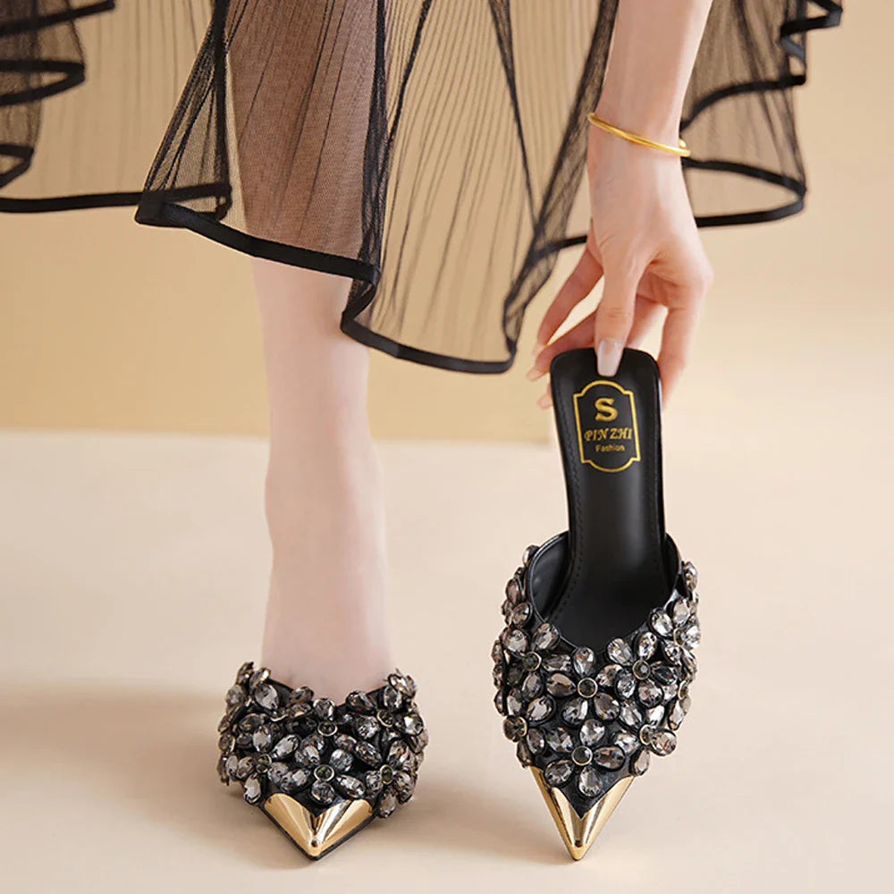 Summer Women High Heel Shoes Plus Size Fashion Rhinestone Women Slippers Point Toe Heel Half Slippers Designer Sexy Party Shoes