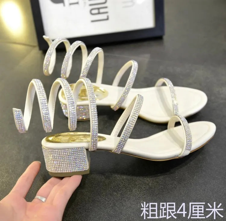 Summer Fashio 4CM Thick Heel Gladiator Sandals Women Flat Sandals Snake Punk Rhinestone Women Sandals Wedding Shoes