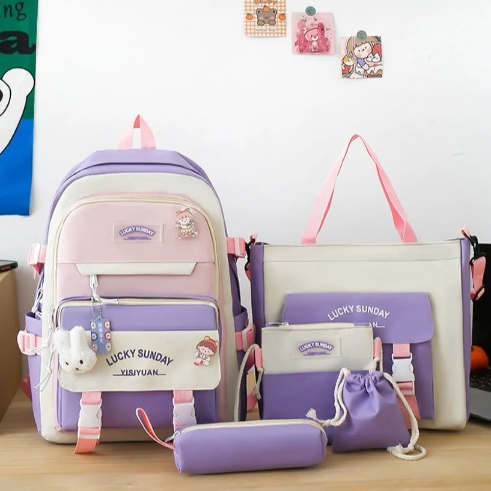 5 Pcs Cute Large Capacity Backpack Set Multifunctional Breathable Student Schoolbag Buckle Coin Purse School