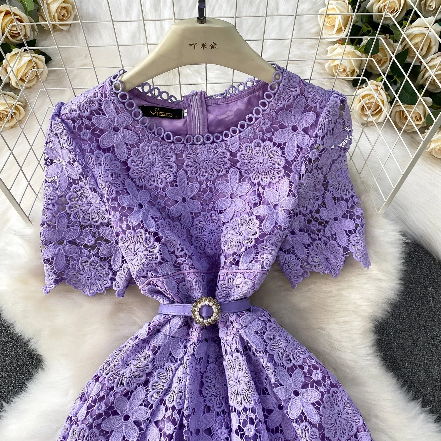 Brand Design Summer Embroidery Lace Long Dress Women Hollow Out Short Sleeve Midi Dresses Lady Belt Prom Evening Party Vestidos