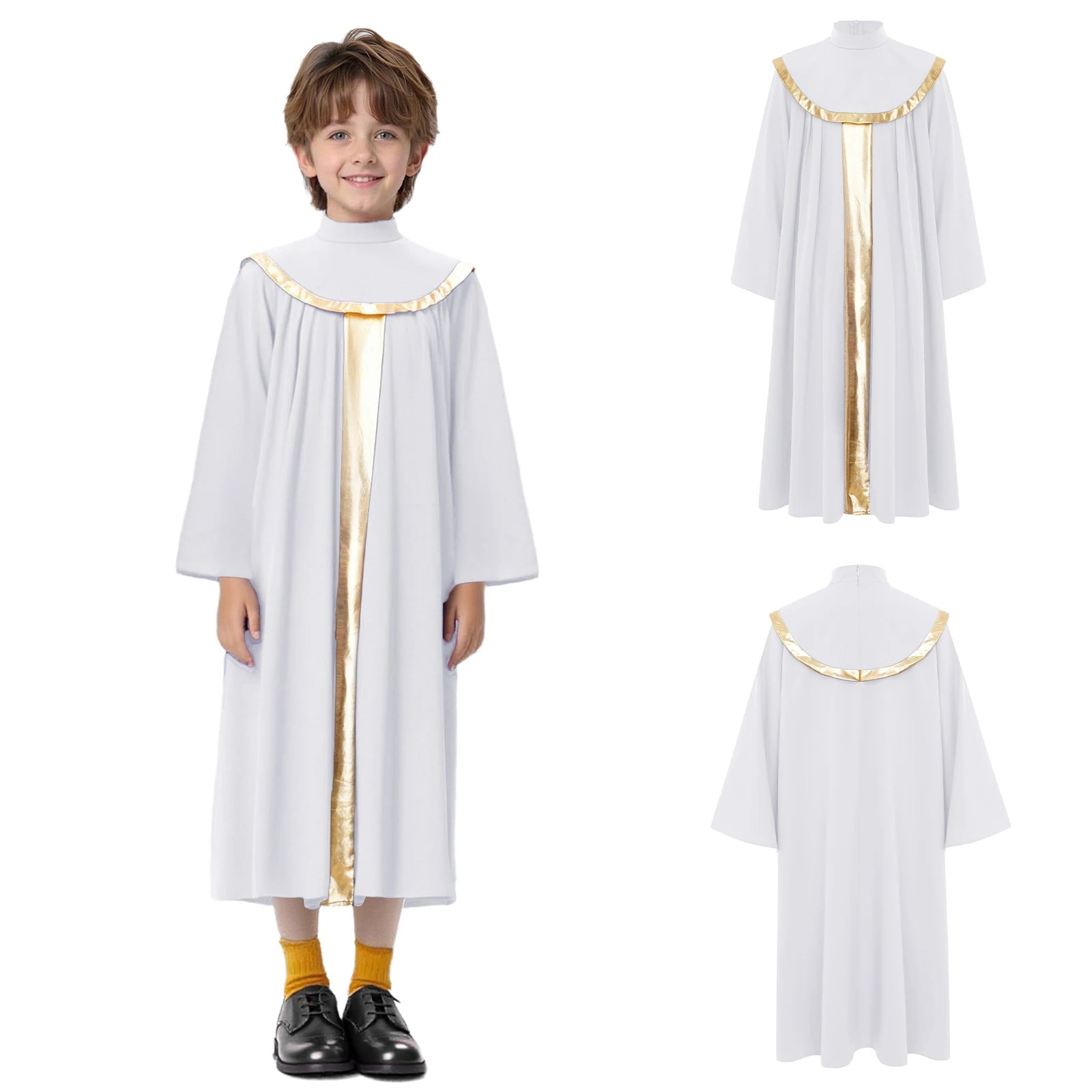 Boys Girls Choir Robe Liturgical Worship Praise Dance Costume Long Sleeve Metallic Color Block Patchwork Pleated Dress Grown