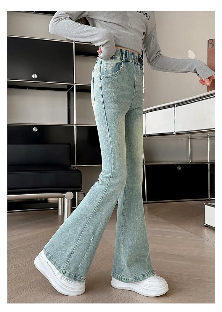 Children Boot Cut Jeans Trousers For Girl Fashion Design Denim Flared Pants for 5 7 8 9 10 11 12 13 14Years Kids Slim Cool Jeans