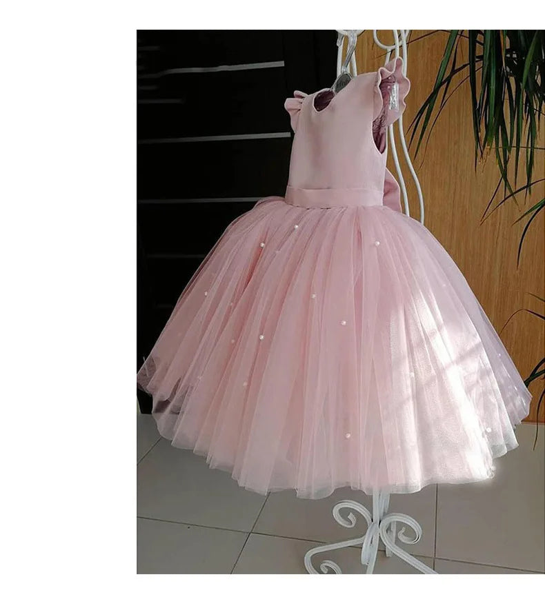 Baby Girl Party Dress Back Bow Elegant Flying Sleeve Mesh Tutu Dress with Pearl Solid Flower Girl Wedding Dress Birthday Gowns