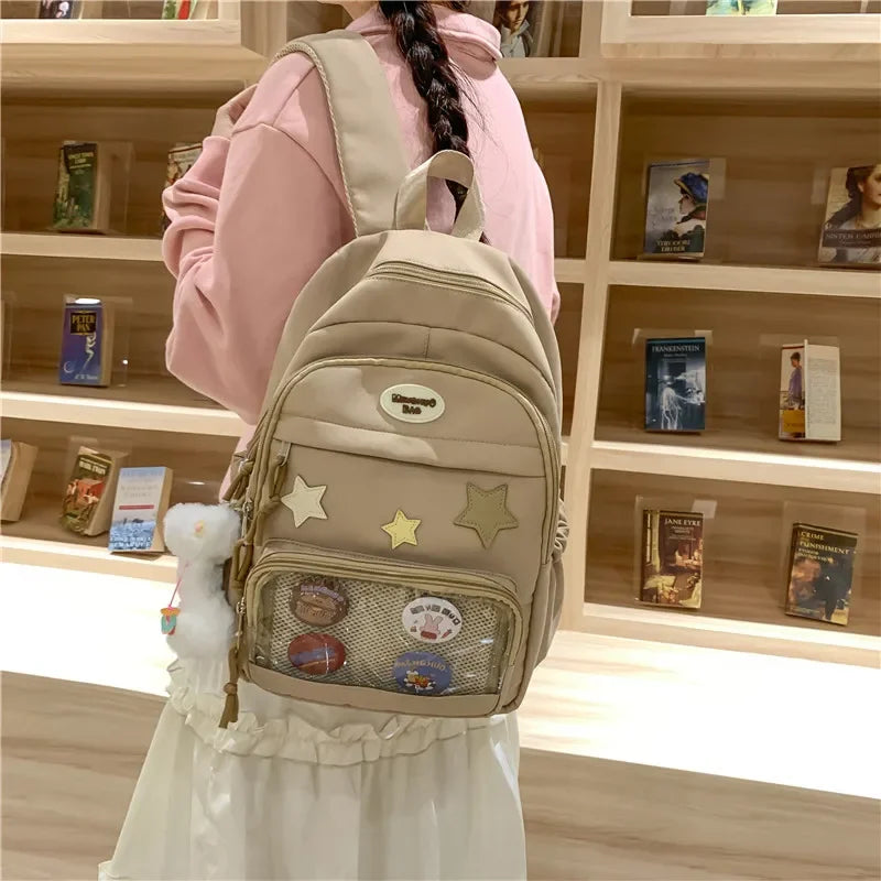 Casual Transparent Badge Large Capacity Commuter Backpack Suitable for Middle School Students Cute School Style Double Shoulder
