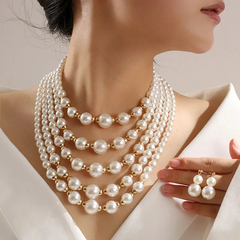 Kymyad Jewelry Sets Simulated Pearl Beads Multilayer Necklace Earrings Set For Women Bijoux Statement Collar Necklace Set