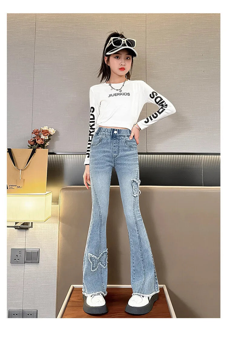 Fashion Jeans for Girls with Butterfly New Arrvial Kids Vintage Tight Denim Flare Pants 2024 Spring Autumn Teenage Slim Trousers