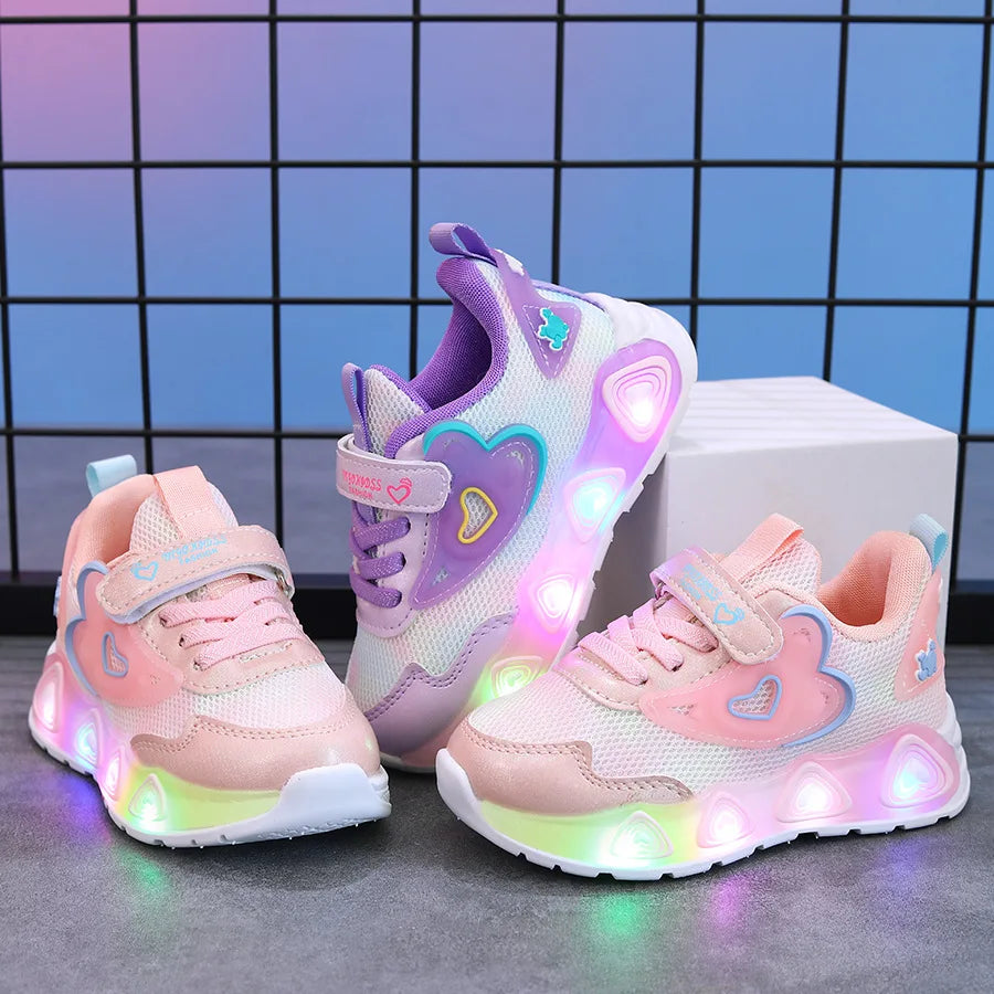 Tenis Girls' Shoe 2025 Summer New Kid Sneakers LED Luminous Shoes Sweet Heart-shaped Girl Sneaker Soft Sole Anti Slip Kid Shoes
