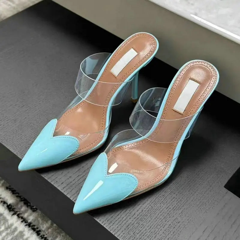 Colorful Heart-Shaped Transparent Sexy Patchwork Color Sandals Women Half-Toe Pointed