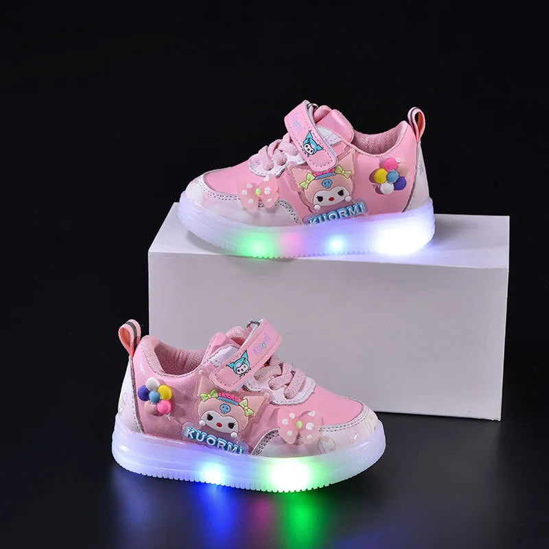 2025 New Autumn Kids Light Up Sneakers Girls Cartoon White Shoes Colorful LED Korean Casual Shoes