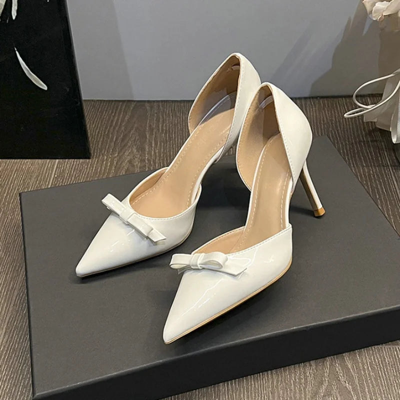 New Autumn Patent Leather Nude High Heels Thin Heel Pointed Bow Korean Version