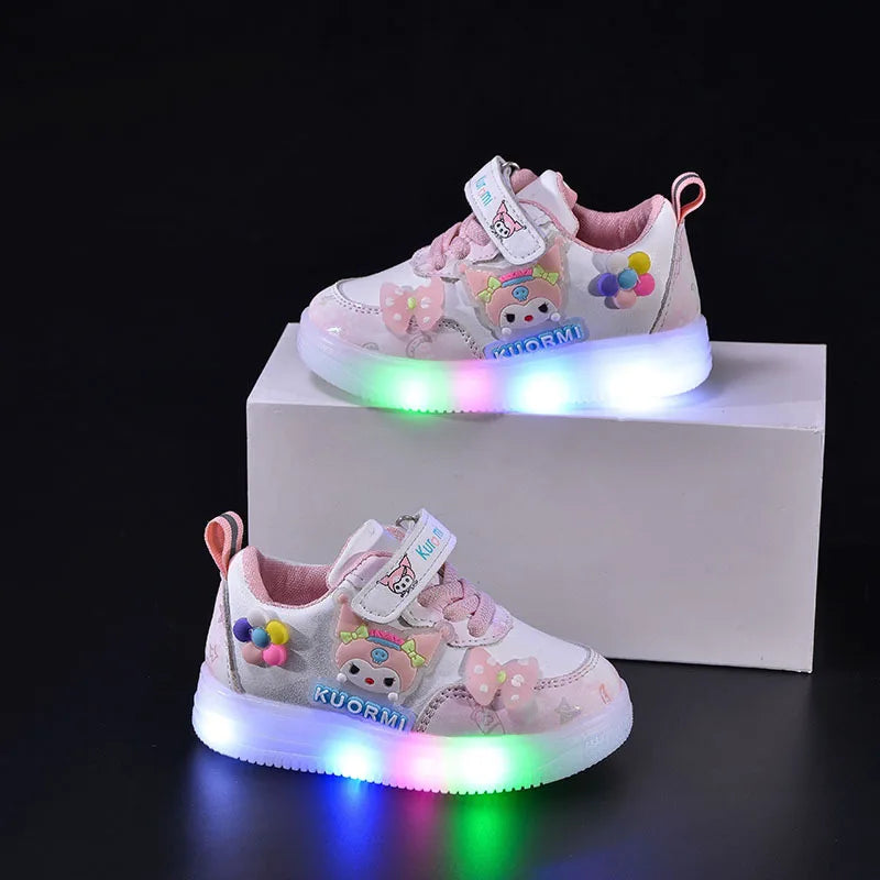 2025 New Autumn Kids Light Up Sneakers Girls Cartoon White Shoes Colorful LED Korean Casual Shoes