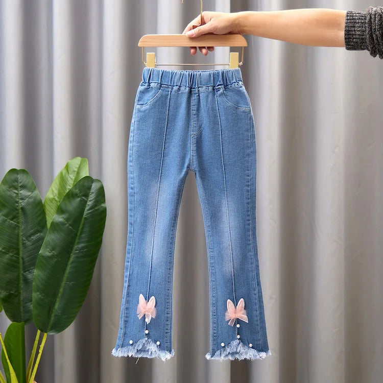 Girls Blue Jeans for Children's Fashion Clothing Princess Kids Denim Wide-leg Pants Baby Teens Girl Flared Bow Applique Trousers
