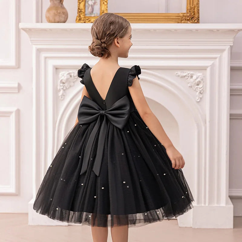 Baby Girl Party Dress Back Bow Elegant Flying Sleeve Mesh Tutu Dress with Pearl Solid Flower Girl Wedding Dress Birthday Gowns