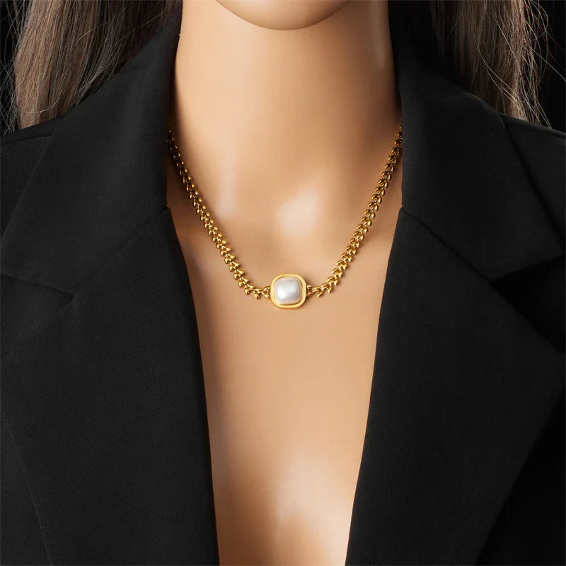 DIEYURO 316L Stainless Steel Square Large Pearl Necklace Earrings Ring For Women Girl New Party Gift Fashion Jewelry Set Bijoux