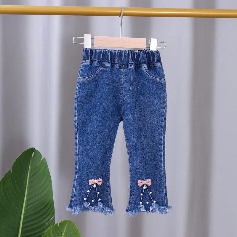 Spring Autumn New Children's Elastic Slit Flared Pants Baby Girls' Casual All Match Jeans Children Outer Wear Fashion Trousers