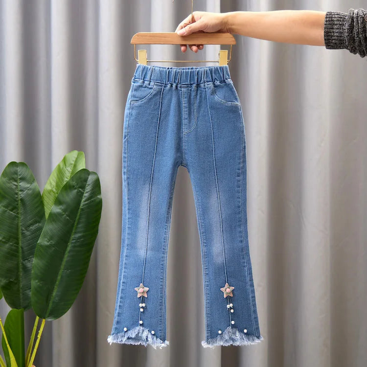 Girls Blue Jeans for Children's Fashion Clothing Princess Kids Denim Wide-leg Pants Baby Teens Girl Flared Bow Applique Trousers