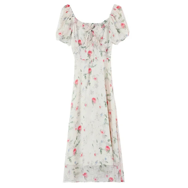 Elegant Summer Dress with Bubble Sleeves And Bellflower Pattern Slimming Empire Waist Knee-Length Polyester Fiber Short Sleeve