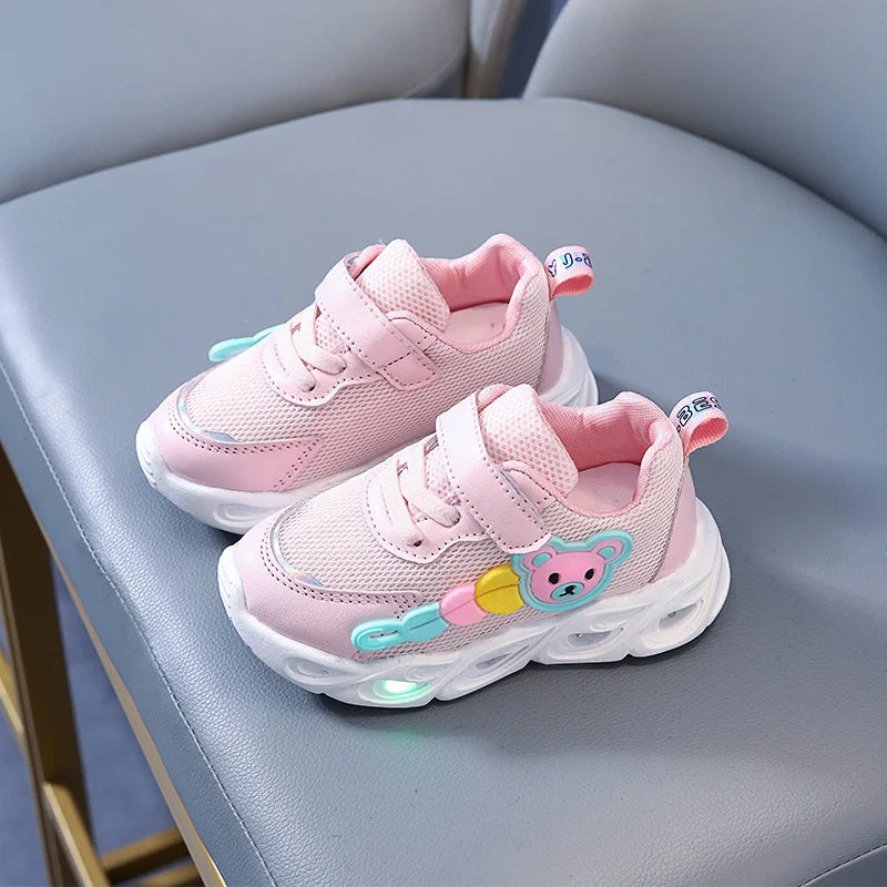 2023 Summer Children's Single Mesh Shoes Baby Soft Sole Walking Shoes LED Illuminated Hollow Breathable Board Shoes
