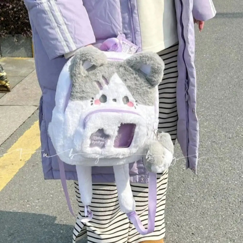 Cute Cat Women Backpack Plush Fluffy Kawaii Small Cartoon Idol Photocard Pouch Itabag Students Lolita Jk Daily Female Bag