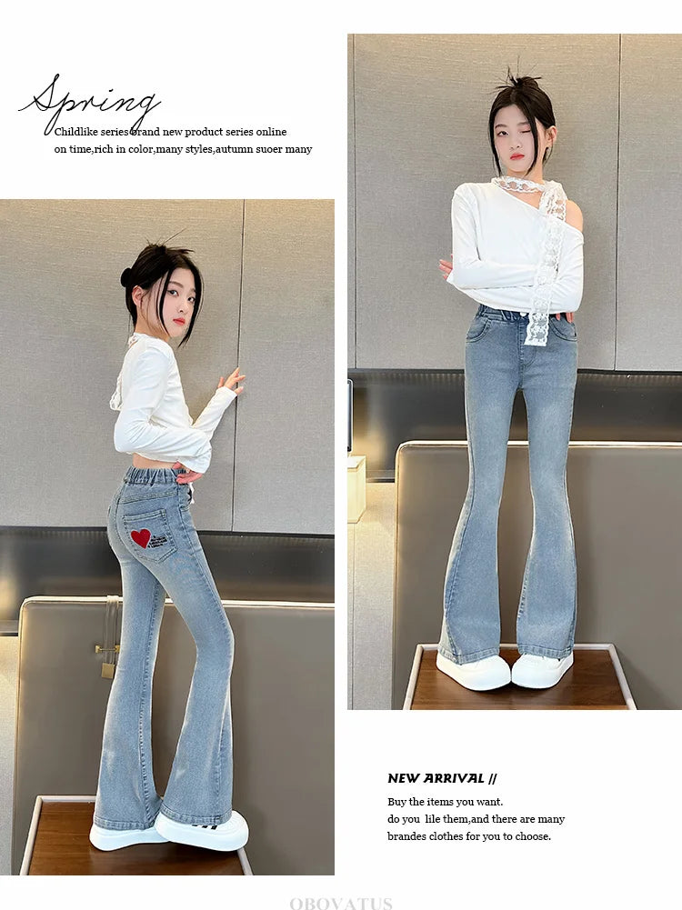 Child Slim Close-fitting Heart Pattern Flared Jeans For Girls Elegant Boot Cut Denim Leggings Pants Kids Fashion Jeans Trousers