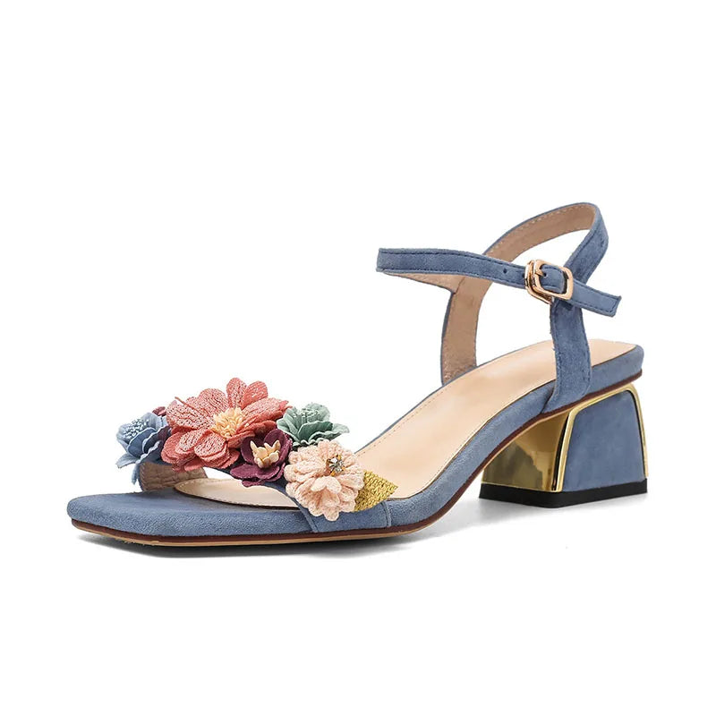 New Fashion Floral Comfortable Women's Sandal Fashion Simple Open-toe Low Heel Chunky Button Sandal