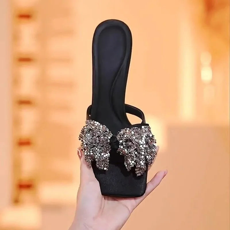 Bling Bow High Heels Women Sandals Square Toe Slippers Woman Shoes Summer 2025 Brand New Chunky Shoes Flip Flops Sexy Pumps