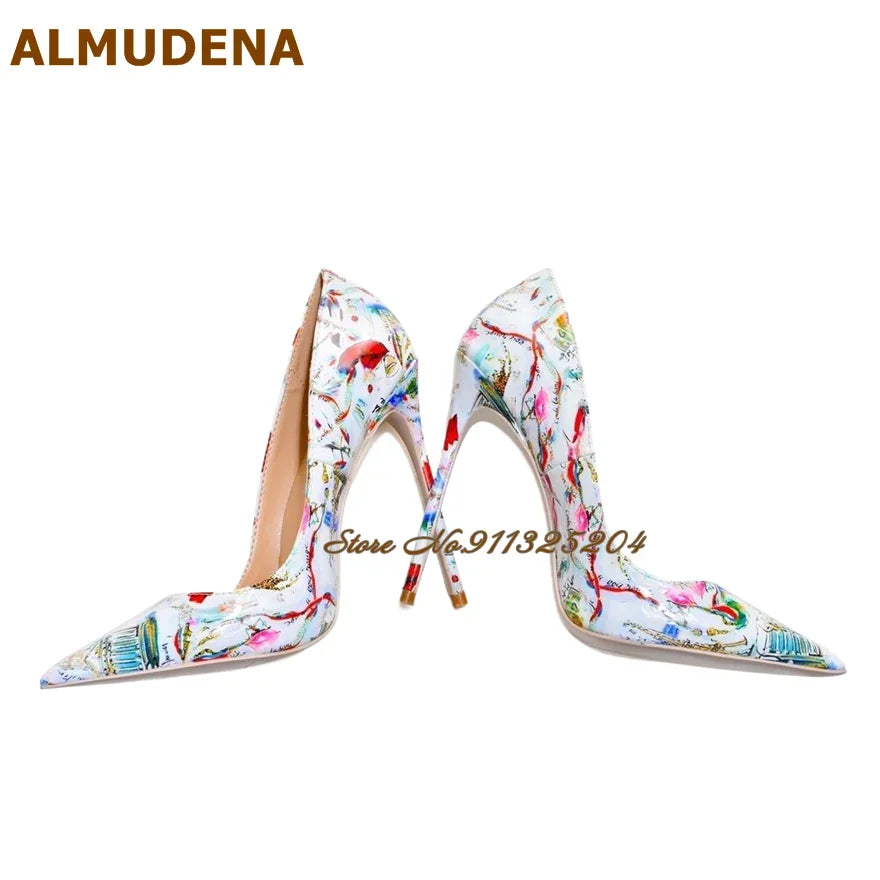 ALMUDENA White Patent Leather Eiffel Tower Red Lips Printed Wedding Shoes 12cm Sky High Heel Pointed Toe Slip-On Banquet Pumps