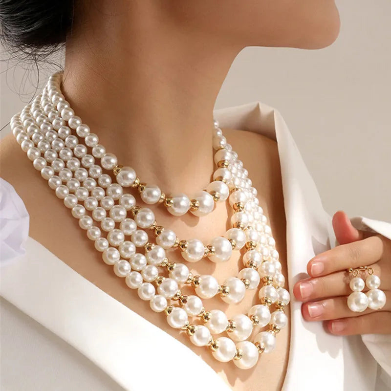 Kymyad Jewelry Sets Simulated Pearl Beads Multilayer Necklace Earrings Set For Women Bijoux Statement Collar Necklace Set