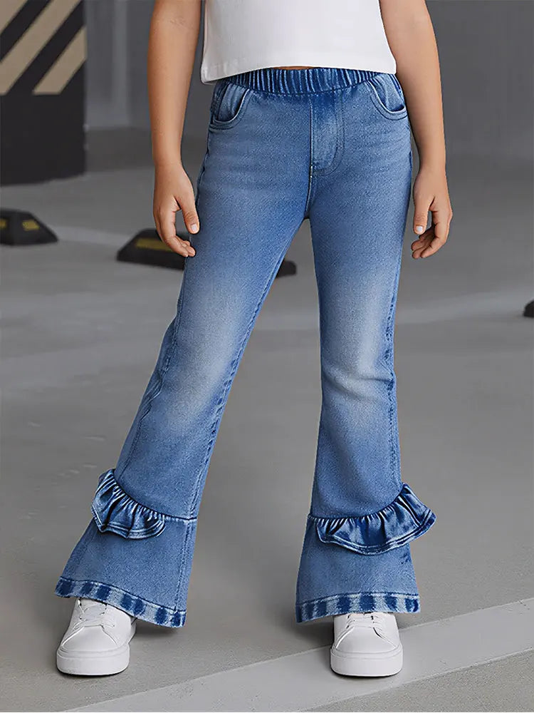 Girls' Trendy Flared Jeans - Ruffle Detail & Comfortable Elastic Waist