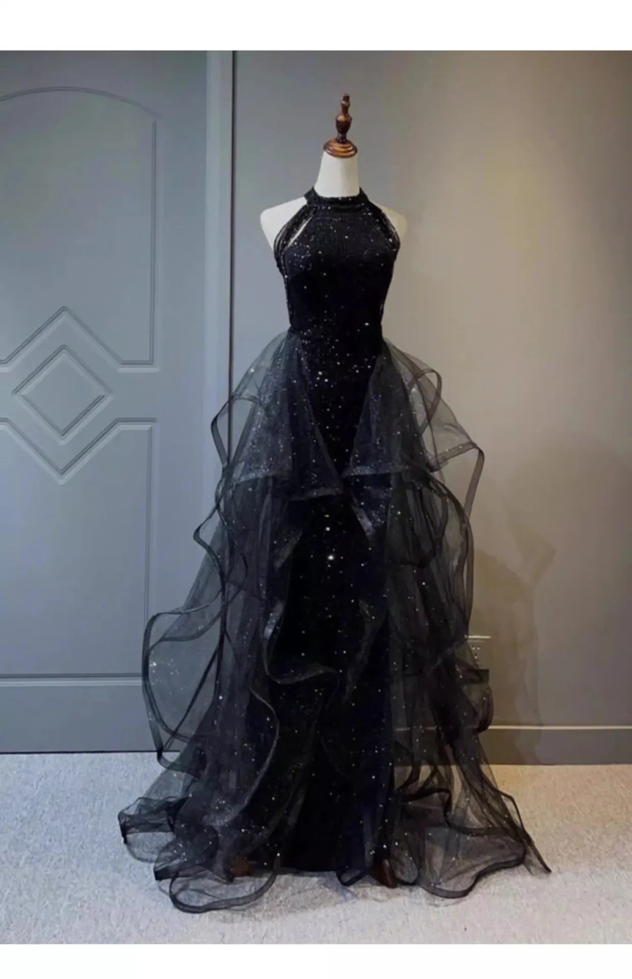 Black Sequined Evening Dress, High-end Light Luxury Hanging Neck Dress, High-end Feeling, Annual Meeting Art Exam for Women