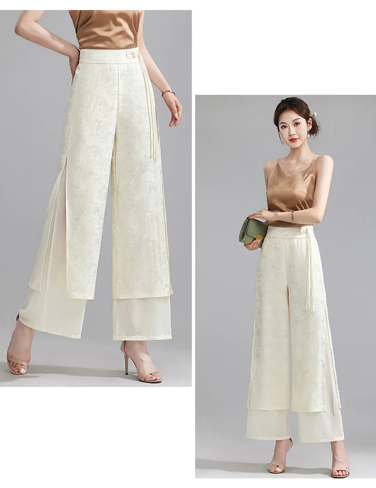 Chiffon Wide Wide Trousers Female Elegant Vintage New Pants Summer Thin Split Loose Skirt Pants Women Black Green