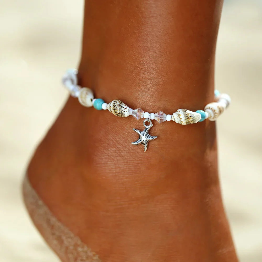 Bohemian Shell Starfish Summer Beach Anklets for Women Tortoise Ankle Bracelet on Leg Girls Barefoot Handcraft Chain Jewelry