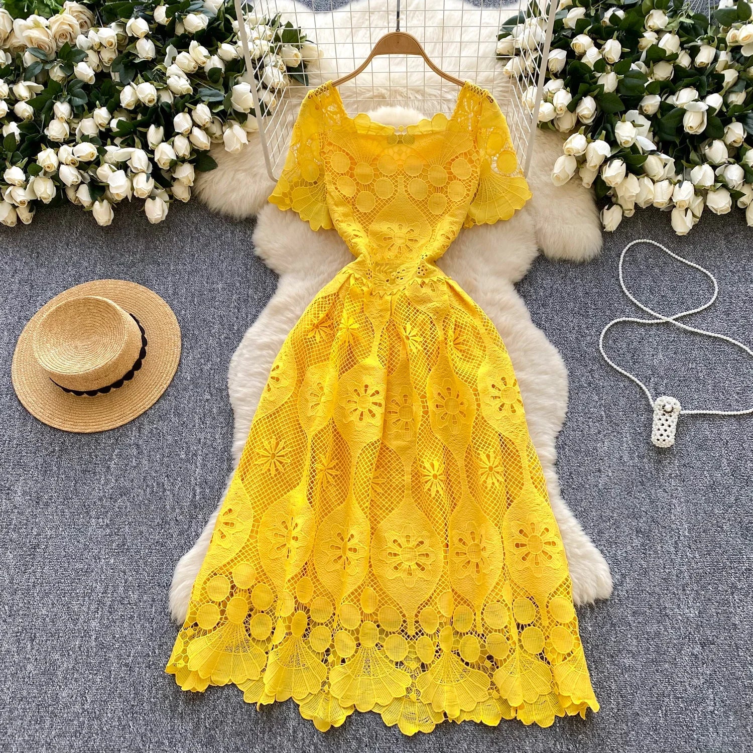 France Elegant Fashion Slim Evening Dress Women Hollow Out Lace Crochet Party Dress Female Casual Chic High End Clothing New