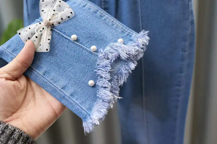 Girls Blue Jeans for Children's Fashion Clothing Princess Kids Denim Wide-leg Pants Baby Teens Girl Flared Bow Applique Trousers
