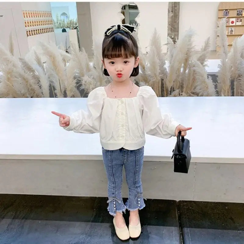 New Spring Kids Jeans Children Cute Bow Lace Denim Blue Pants Girls Embroidered Daisy Trousers