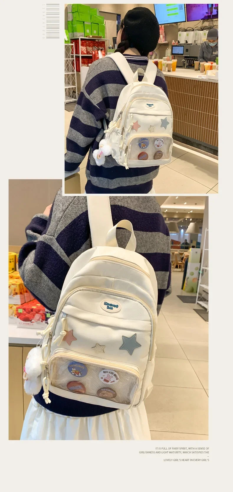 Casual Transparent Badge Large Capacity Commuter Backpack Suitable for Middle School Students Cute School Style Double Shoulder