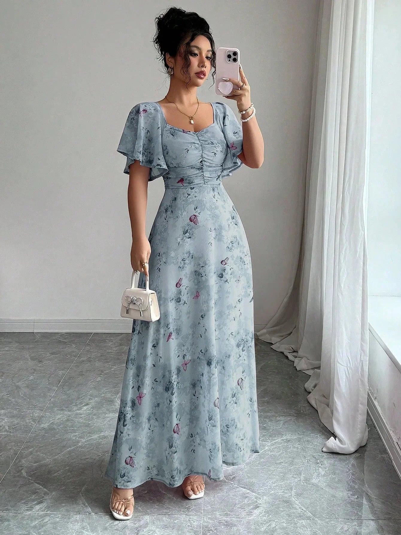 Fashionable Long Floral Print Dress Women's New Summer Slimming Age-Defying Dress Empire Waist Bubble Sleeve Knee-Length